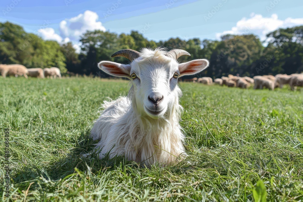 White goat rests in lush green pasture, other sheep graze in background. Perfect for farm, agriculture, or livestock themes; evokes serenity and natural beauty. White goat rests in lush green pasture, other sheep graze in background. Perfect for farm, agriculture, or livestock themes; evokes serenity and natural beauty.