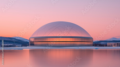 modern dome shaped building reflecting on calm water at sunset, surrounded by mountains. serene atmosphere highlights architectural beauty and natural landscape