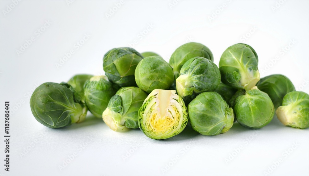 A pile of fresh brussels sprouts on a white background. A pile of fresh brussels sprouts on a white background.
