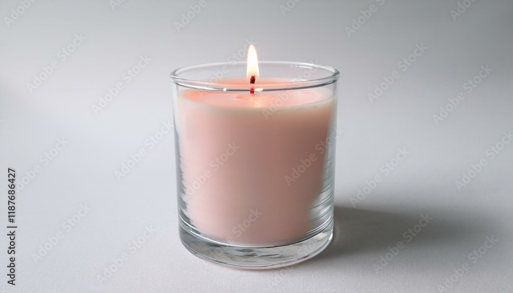 A light pink candle burns brightly in a clear glass container against a white background. A light pink candle burns brightly in a clear glass container against a white background.