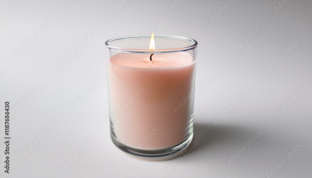 A gently lit peach-colored candle in a clear glass jar. A gently lit peach-colored candle in a clear glass jar.