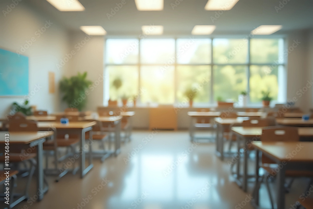 Fototapeta premium Beautiful blurred background of bright classroom and study room with panoramic windows and beautiful lighting. Blurred Empty school background.