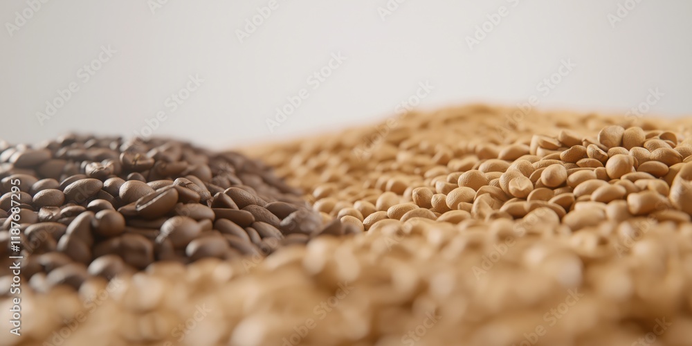 Obraz premium An aesthetically pleasing arrangement of roasted and raw coffee beans showcasing their distinct colors, highlighting the beauty and diversity of this beloved beverage.