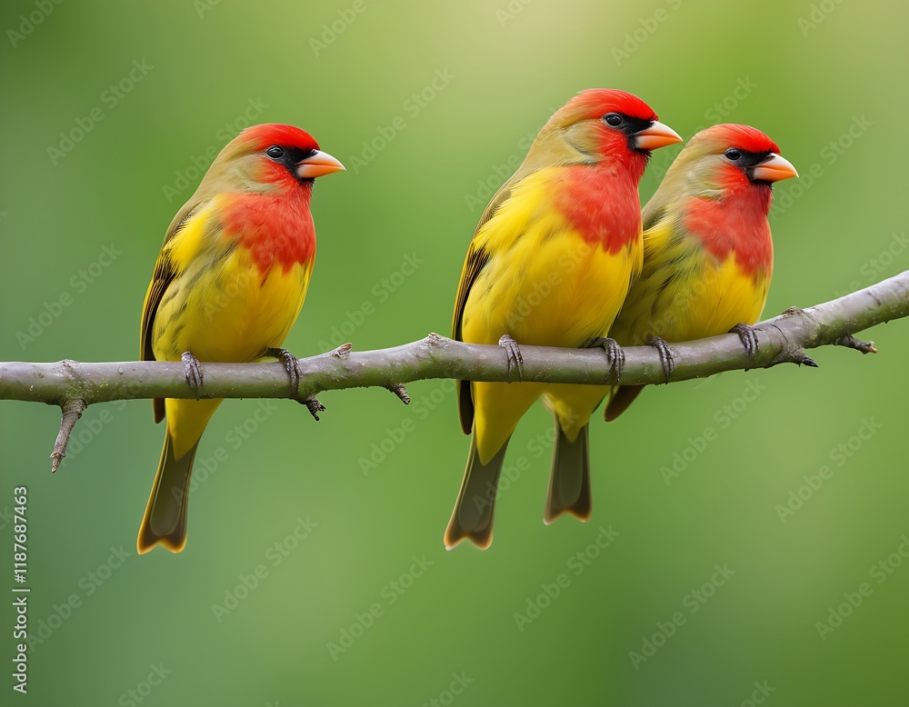 Obraz premium Vibrant yellow and red birds perched on a branch against a soft green background