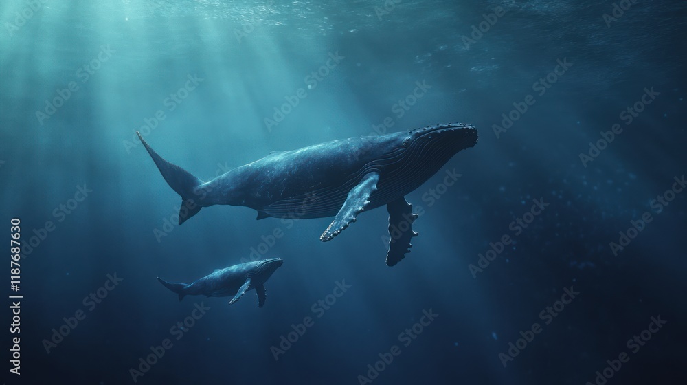 Fototapeta premium Majestic humpback whales swim in sunlit ocean depths.