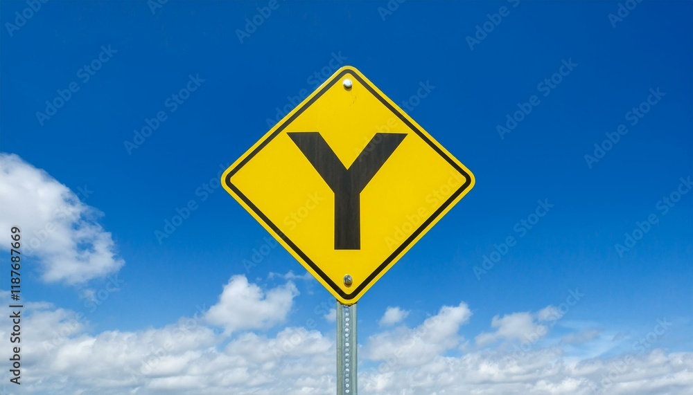 Bright yellow Y-shaped road sign against a vivid blue sky. A clear day with fluffy clouds. Bright yellow Y-shaped road sign against a vivid blue sky. A clear day with fluffy clouds.