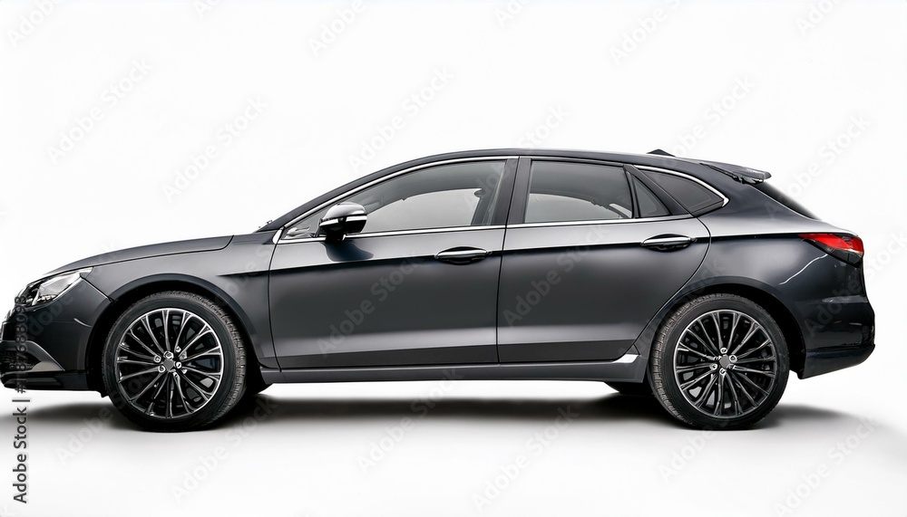 Sleek dark grey hatchback, side profile view against a white background. Sleek dark grey hatchback, side profile view against a white background.