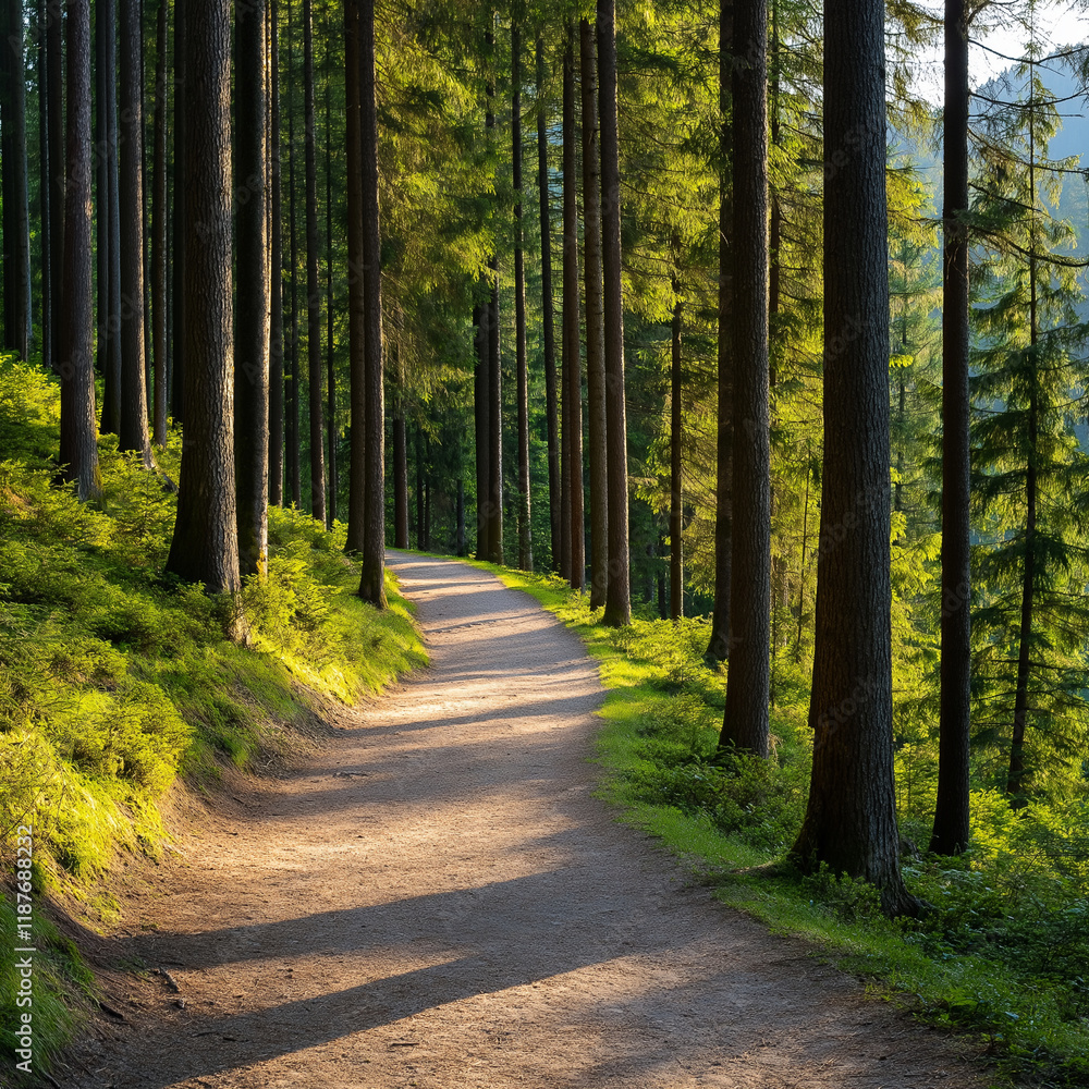 Obraz premium serene forest path illuminated by soft sunlight, surrounded by tall trees and lush greenery, invites peaceful walks and nature exploration