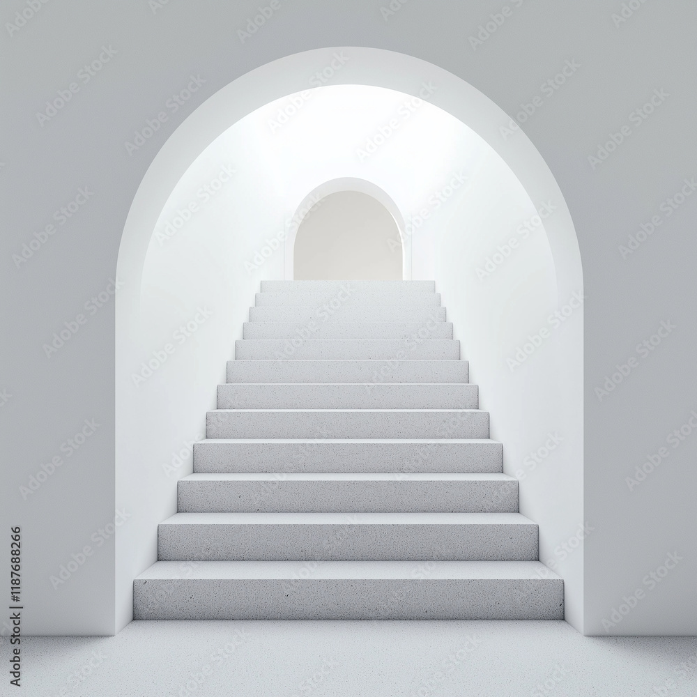 staircase leading to bright horizon, symbolizing hope and new beginnings. minimalist design features smooth, white steps and arches, creating serene atmosphere staircase leading to bright horizon, symbolizing hope and new beginnings. minimalist design features smooth, white steps and arches, creating serene atmosphere