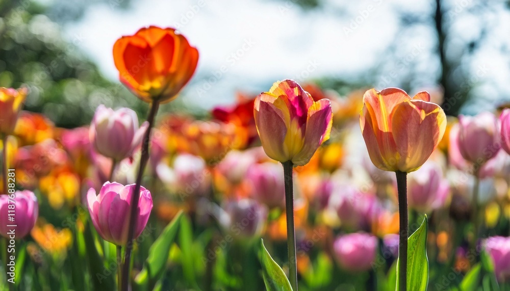 Vibrant tulips in a field bathed in sunlight. Vibrant tulips in a field bathed in sunlight.