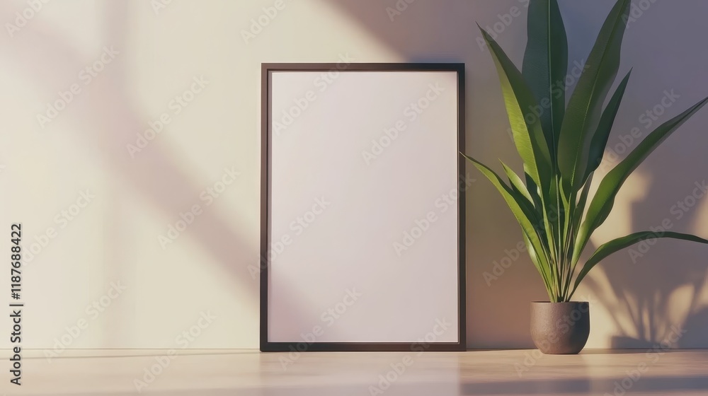 A minimalist scene featuring a blank frame and a potted plant, emphasizing simplicity. A minimalist scene featuring a blank frame and a potted plant, emphasizing simplicity.