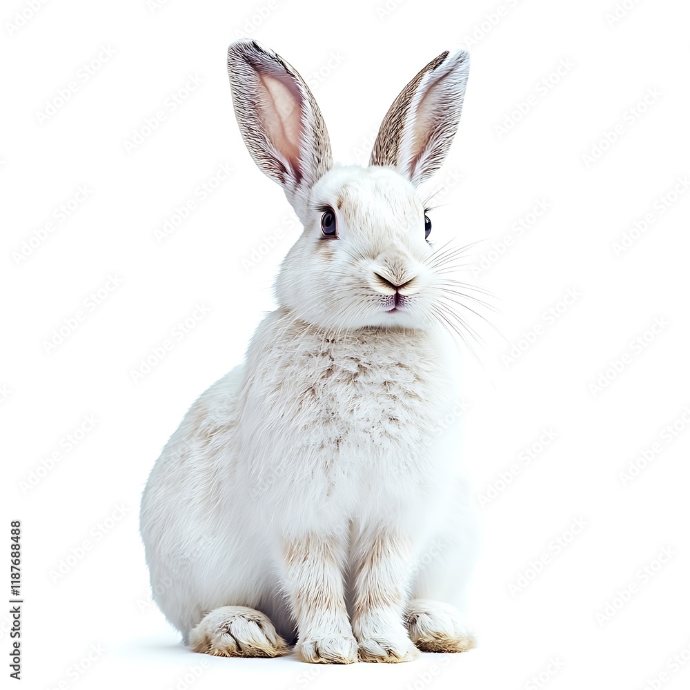 White rabbit sitting, studio shot, pure white background, Easter symbol