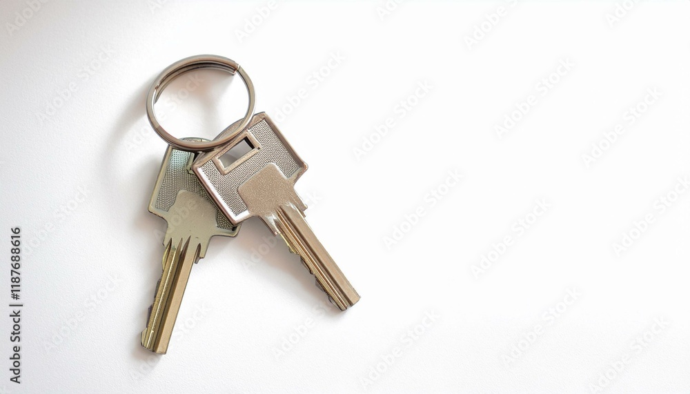 Two keys on a keyring against a white background. Two keys on a keyring against a white background.