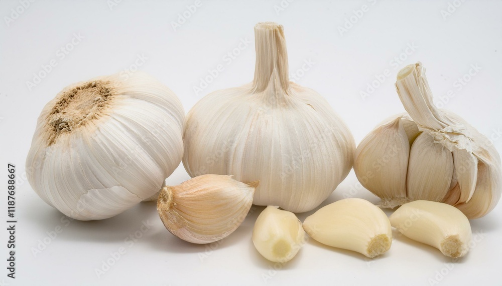 Obraz premium Fresh garlic bulbs and cloves, ready for cooking. Aromatic and healthy.