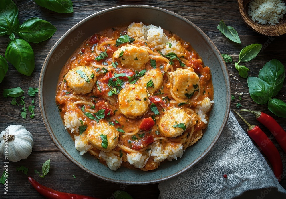 Delicious homemade dish featuring tender dumplings in a rich tomato sauce served over fluffy rice, garnished with fresh herbs and spices for a flavorful experience. Delicious homemade dish featuring tender dumplings in a rich tomato sauce served over fluffy rice, garnished with fresh herbs and spices for a flavorful experience.