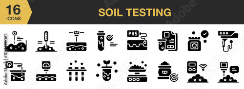 Soil Testing solid icon set. Includes test, tube, temperature, survey, soil, and More. Solid icons vector collection.