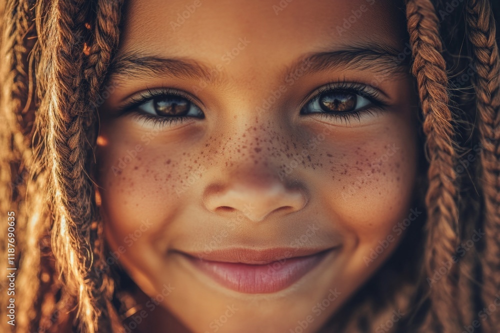 Pretty smiling mixed-race girl - for ads, marketing material ad and web marketing use. Long trim - braids hair. Commercial ad campaign visual idea art. African american expressionism.