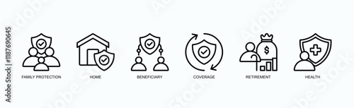 Life Essentials Icon Set Icon Set Isolated Vector Illustration Concept With Icon Of Family Protection, Home, Beneficiary, Coverage, Retirement, Health In Outline Style