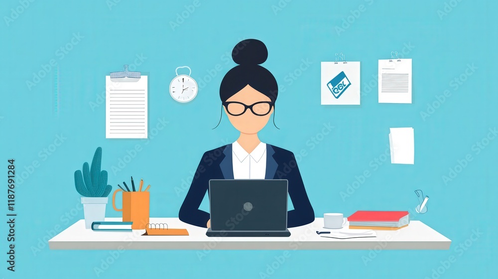 Professional Woman Working at Desk with Laptop in Modern Office Environment Featuring Plants, Clock, and Stationery Items for a Productive Work Atmosphere Professional Woman Working at Desk with Laptop in Modern Office Environment Featuring Plants, Clock, and Stationery Items for a Productive Work Atmosphere