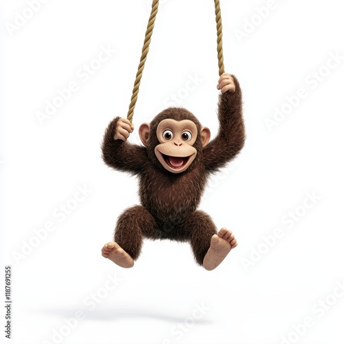 Cute cartoon monkey swinging on a rope with a joyful expression and playful demeanor against a clean white background, perfect for children's content and playful themes. photo