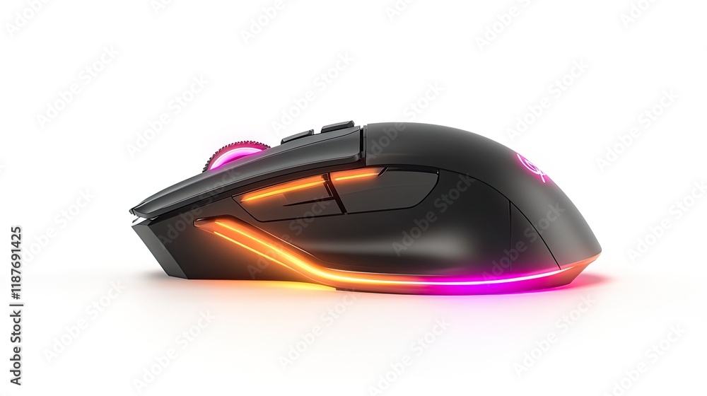Sleek black wireless computer mouse with vibrant RGB lighting, isolated on white background. Sleek black wireless computer mouse with vibrant RGB lighting, isolated on white background.