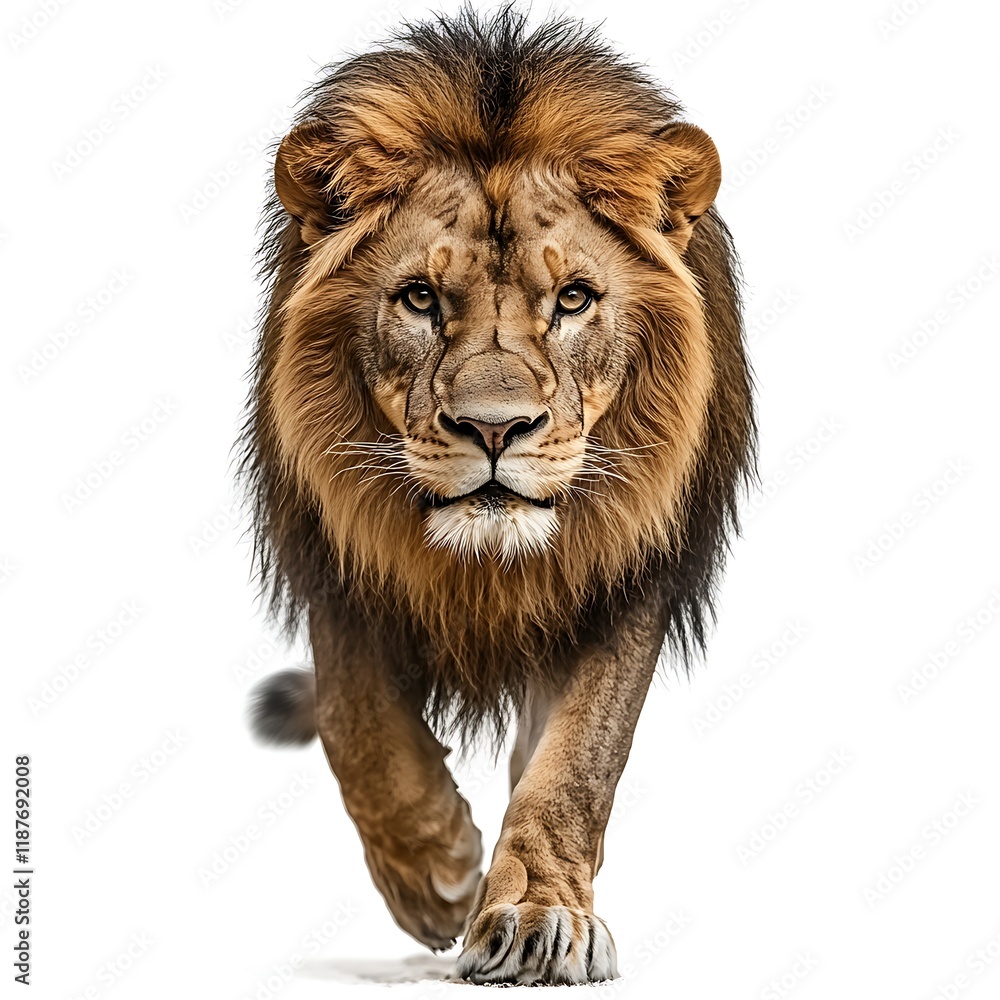 Fototapeta premium Majestic lion walking forward, white background, wildlife, nature photography, for advertising