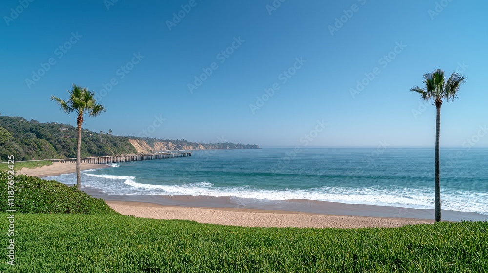 Serene Coastal Landscape with Gentle Waves, Lush Greenery, and a Pier Under a Clear Blue Sky on a Warm Sunny Day Near the Ocean's Edge Serene Coastal Landscape with Gentle Waves, Lush Greenery, and a Pier Under a Clear Blue Sky on a Warm Sunny Day Near the Ocean's Edge