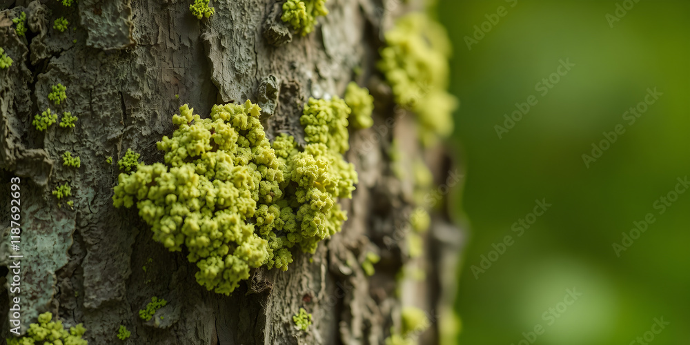 Obraz premium Close-up of a tree bark with a bright green lichen, sharp details in 8K, studio lighting, and vibrant colors