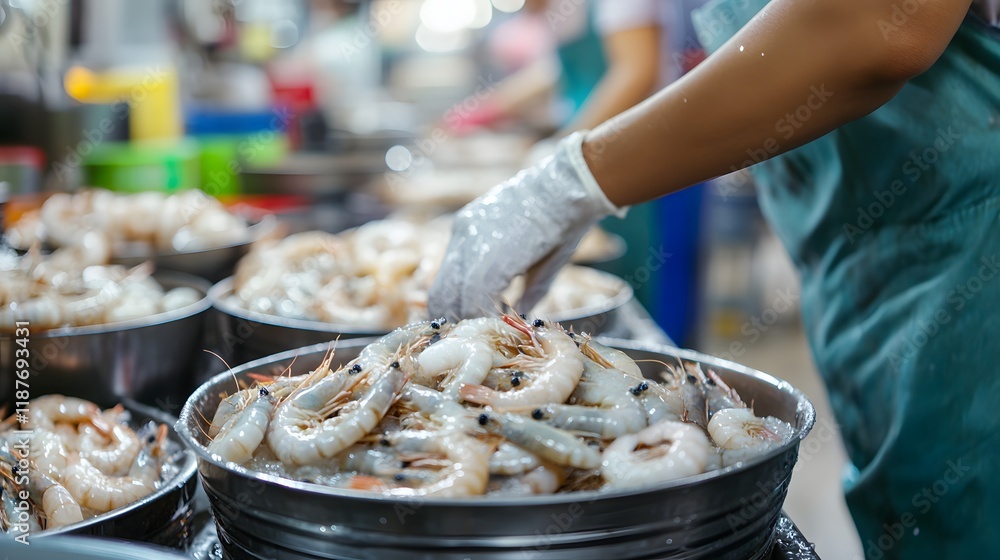 Fresh Shrimp Being Prepared At A Seafood Market Fresh Shrimp Being Prepared At A Seafood Market