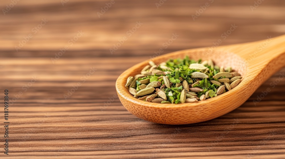 Wooden spoon filled with fennel seeds and fresh chopped herbs on wooden background Wooden spoon filled with fennel seeds and fresh chopped herbs on wooden background