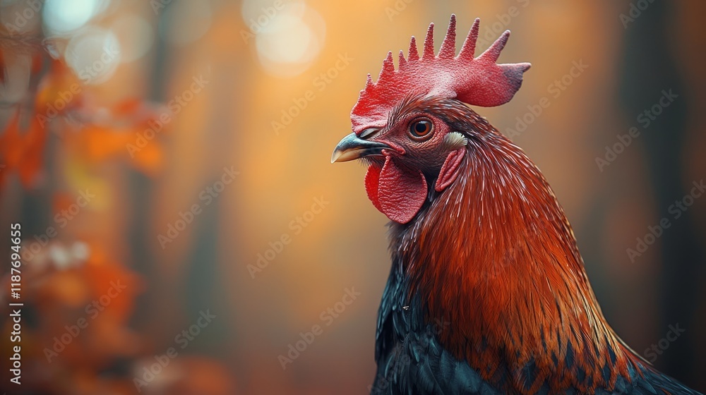 Fototapeta premium Rooster autumn forest portrait, nature background, wildlife photography, farm animal