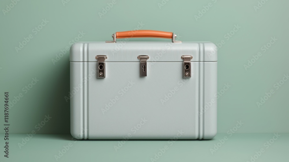Stylish Retro Storage Case with Vibrant Orange Handle on Green Background Stylish Retro Storage Case with Vibrant Orange Handle on Green Background