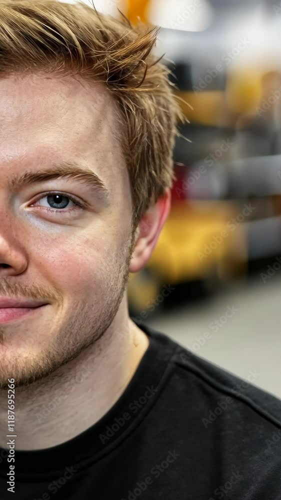 Young man with light brown hair and blue eyes smiling in an industrial setting during daylight Young man with light brown hair and blue eyes smiling in an industrial setting during daylight