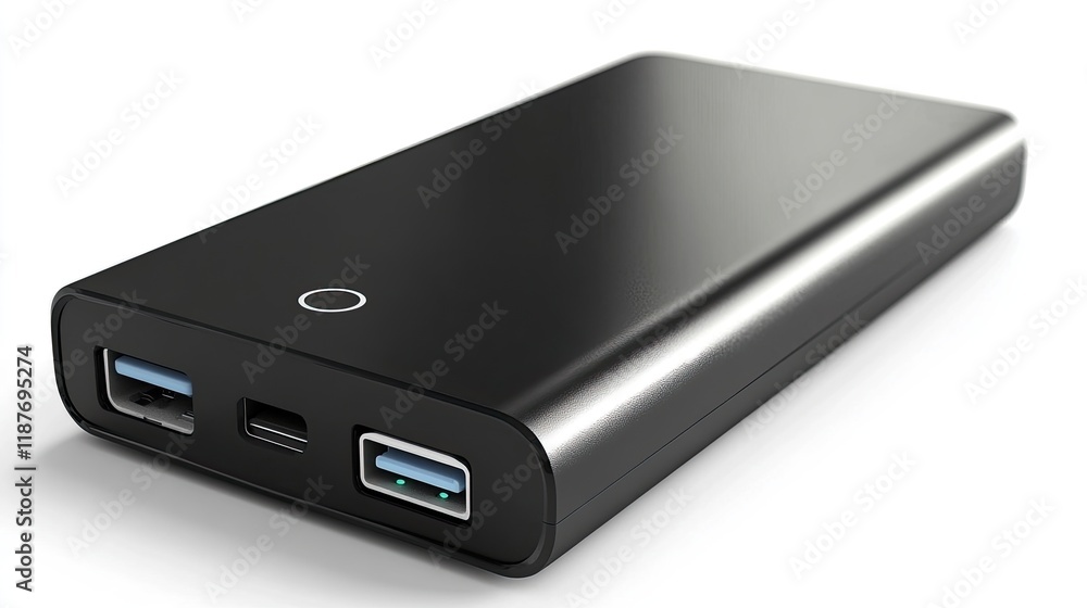 Sleek black portable power bank with multiple USB ports for charging electronic devices. Sleek black portable power bank with multiple USB ports for charging electronic devices.