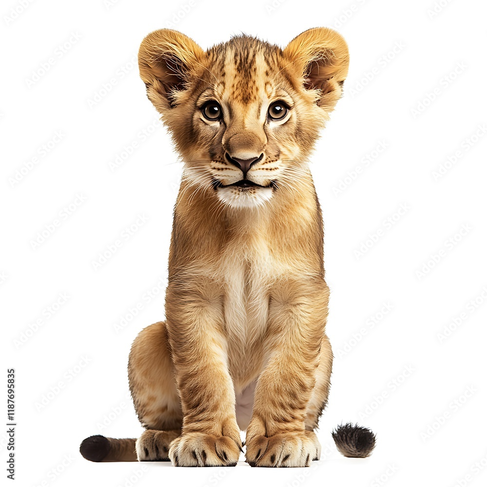 Cute lion cub sitting, white background, wildlife, animal portrait, for kids' books Cute lion cub sitting, white background, wildlife, animal portrait, for kids' books