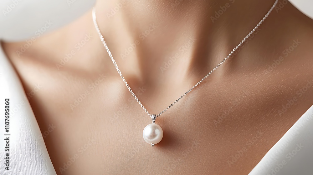 A woman wearing a pearl necklace