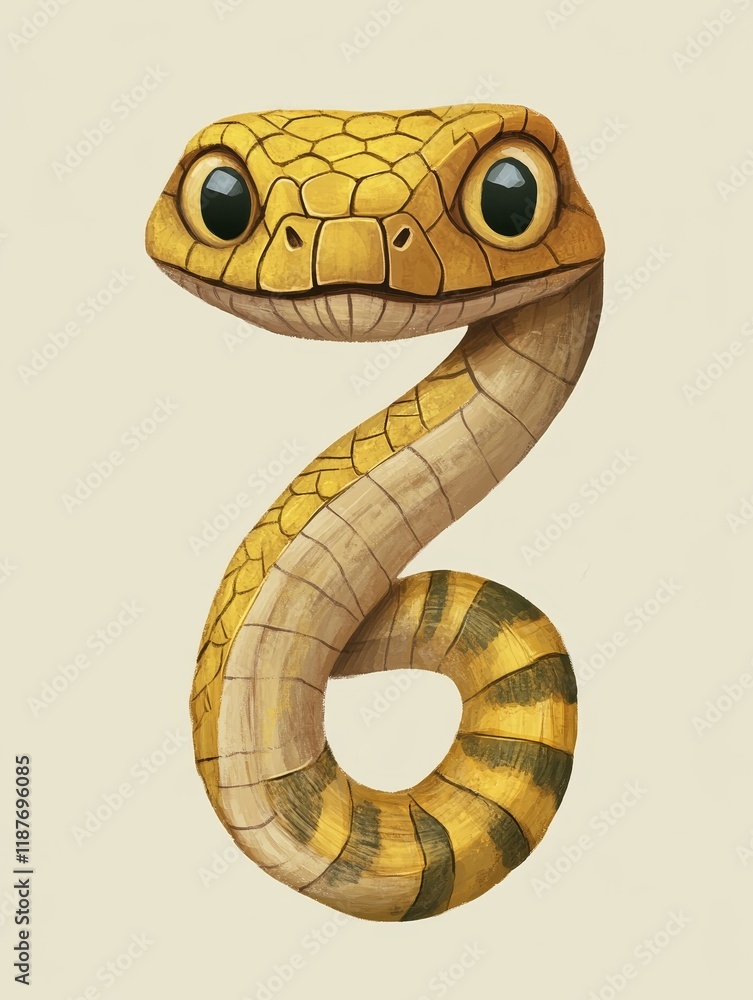 Cute cartoon snake with big eyes and yellow stripes on a light background Cute cartoon snake with big eyes and yellow stripes on a light background