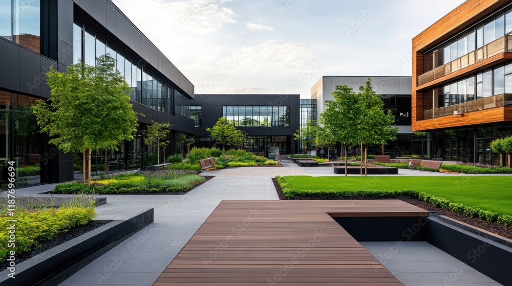 Naklejka premium Modern urban architecture featuring landscaped courtyard with greenery and wooden pathways in a business district