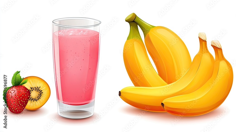Glass of pink smoothie with strawberries, kiwi, and bananas. Glass of pink smoothie with strawberries, kiwi, and bananas.