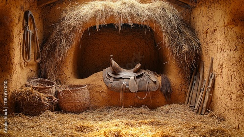Rustic saddle in mud-brick stable, hay background