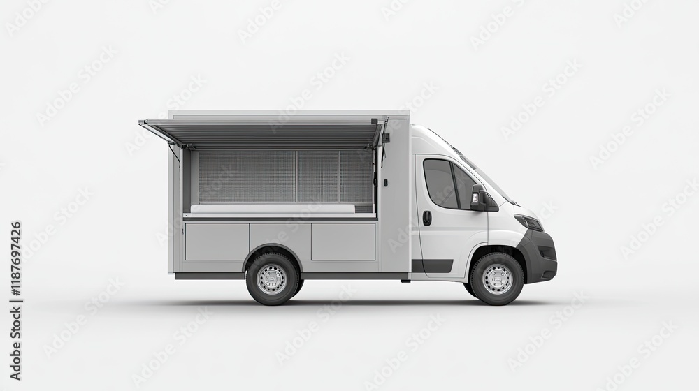 White food truck with open service window, isolated on white background. Side view. White food truck with open service window, isolated on white background. Side view.
