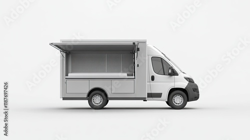 White food truck with open service window, isolated on white background. Side view.
