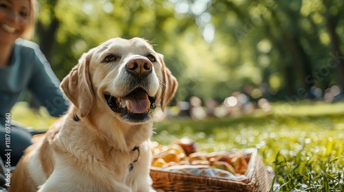 Happy labrador enjoys a sunny day at the park with picnic photo