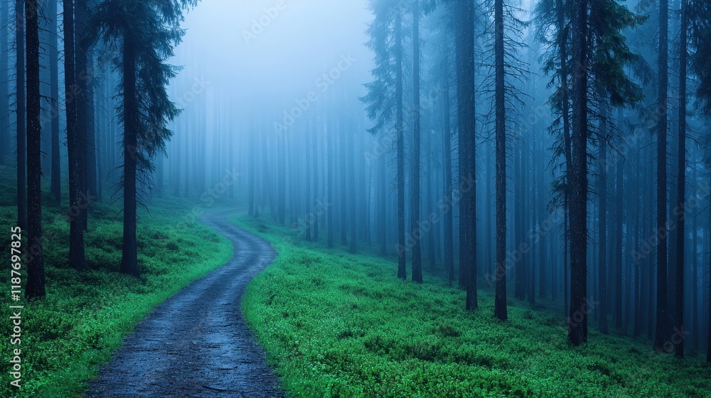 Fototapeta premium Serene Misty Forest Path Through Tall Evergreen Trees at Dusk