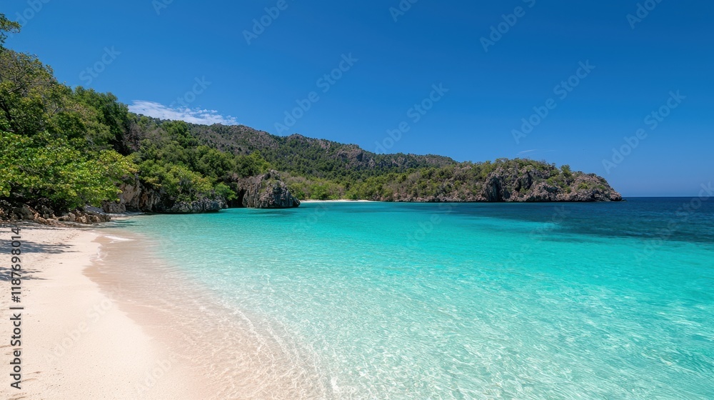 Serene Tropical Beach with Crystal Clear Waters and Lush Green Surroundings Under a Bright Blue Sky on a Sunny Day Serene Tropical Beach with Crystal Clear Waters and Lush Green Surroundings Under a Bright Blue Sky on a Sunny Day