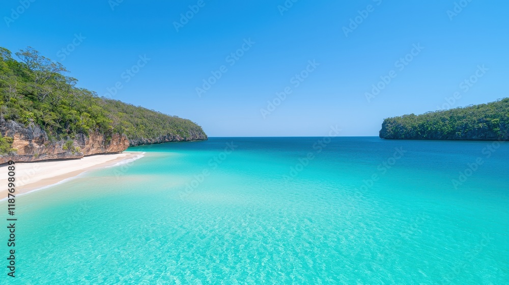 Serene Tropical Beach with Crystal Clear Turquoise Waters Fringed by Lush Green Hills Under a Bright Blue Sky and Gentle Waves Lapping the Shoreline Serene Tropical Beach with Crystal Clear Turquoise Waters Fringed by Lush Green Hills Under a Bright Blue Sky and Gentle Waves Lapping the Shoreline