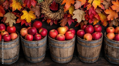 Fresh Red Apples in Rustic Buckets with Autumn Leaves Background