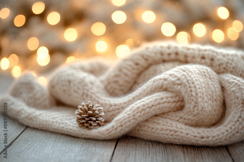 A cream knitted sweater rests on a wooden surface, illuminated by warm Christmas lights. A pinecone adds a natural touch. A cream knitted sweater rests on a wooden surface, illuminated by warm Christmas lights. A pinecone adds a natural touch.