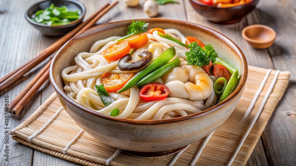 Delicious Udon Noodle Soup with Shrimp, Mushrooms, and Vegetables in Light Bowl Delicious Udon Noodle Soup with Shrimp, Mushrooms, and Vegetables in Light Bowl