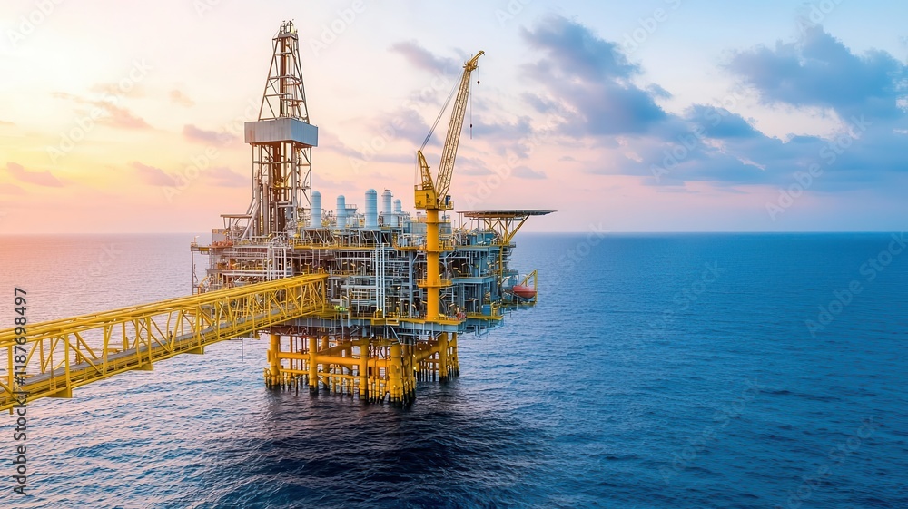 Massive offshore oil rig in the middle of the ocean, surrounded by calm blue waters, with the sun setting in the background